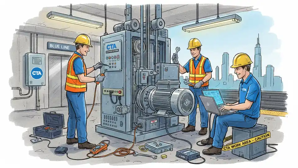 CTA elevator maintenance crew working on transit station elevator equipment with tools and diagnostic equipment