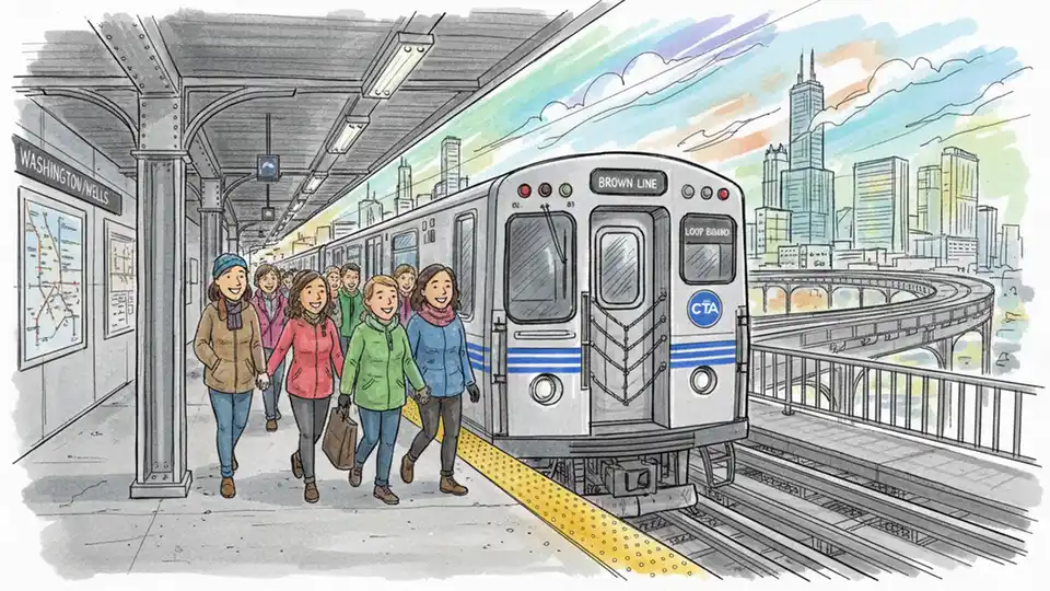 Chicago area transit train at station platform with passengers boarding