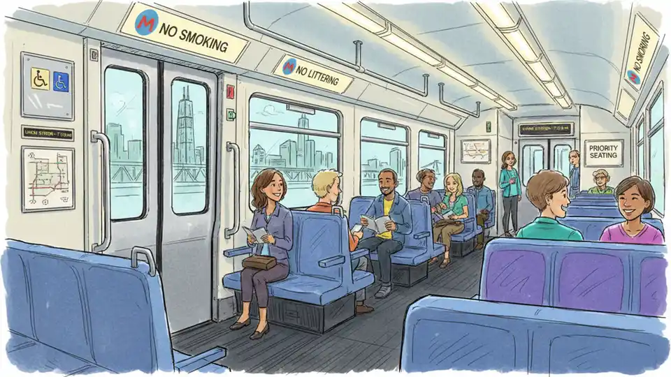 Interior of Illinois commuter rail car showing posted rules and regulations signage