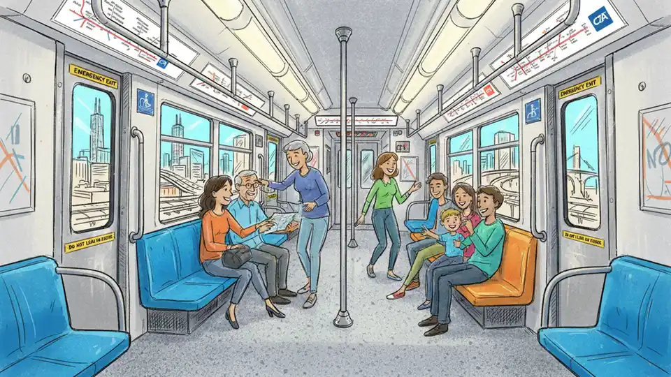 Interior of Chicago transit train car showing passenger seating and safety signage