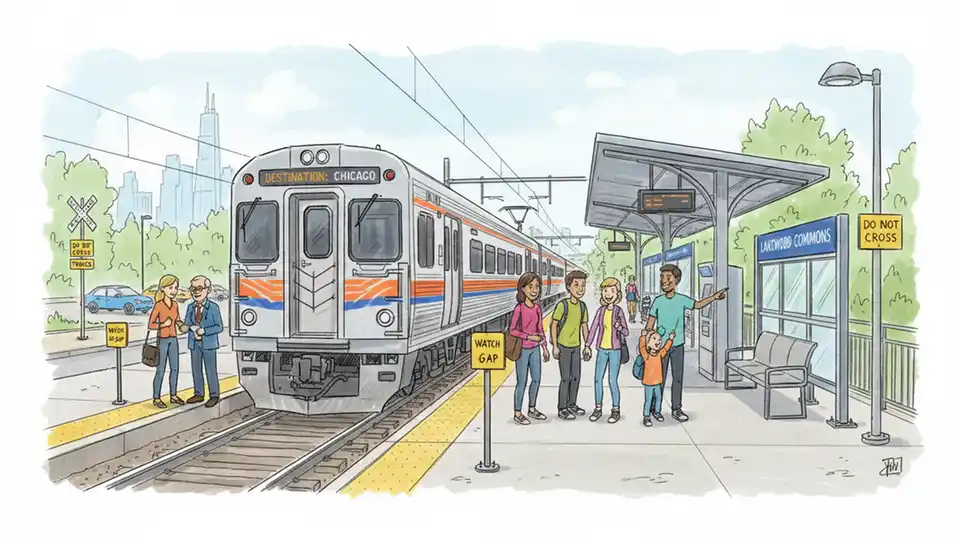 Metra commuter train at suburban Illinois station with safety signage visible