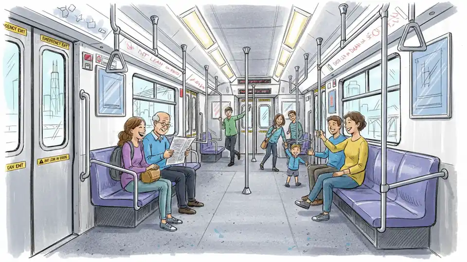 Interior of Chicago CTA train car showing safety signage and passenger seating area
