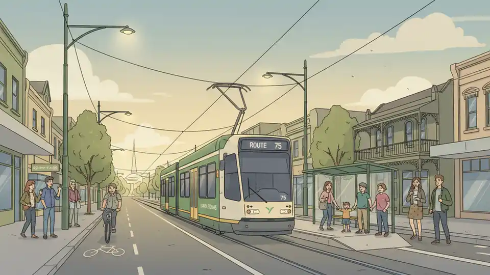 Yarra Trams Route 75 vehicle on Melbourne street at dawn, overhead power lines and track infrastructure visible