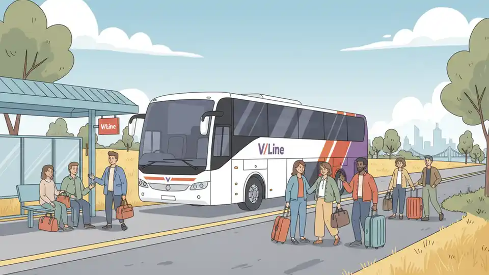 V/Line coach bus at regional station stop with passengers waiting, countryside visible in background