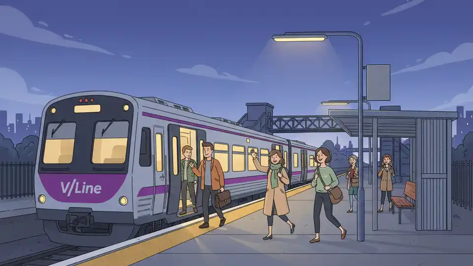 Passengers boarding V/Line train at regional station platform in pre-dawn hours