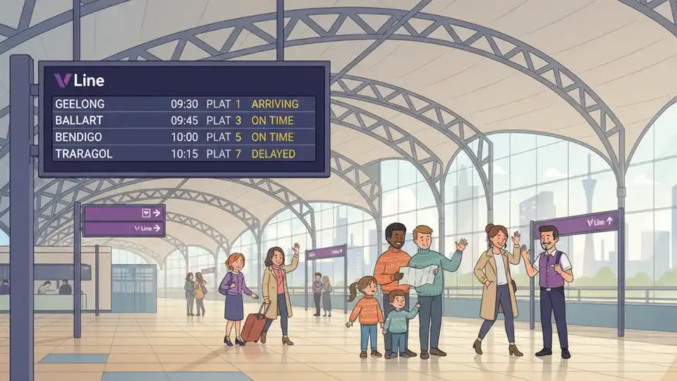 Southern Cross station V/Line departure board showing regional destinations. Alt text: V/Line Southern Cross station Melbourne free regional train service. Composition: Close-up of departure board with V/Line regional destinations visible, showing station interior and wayfinding signage.