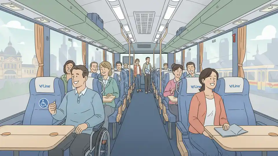 Interior of V/Line coach showing passenger seating and accessibility features