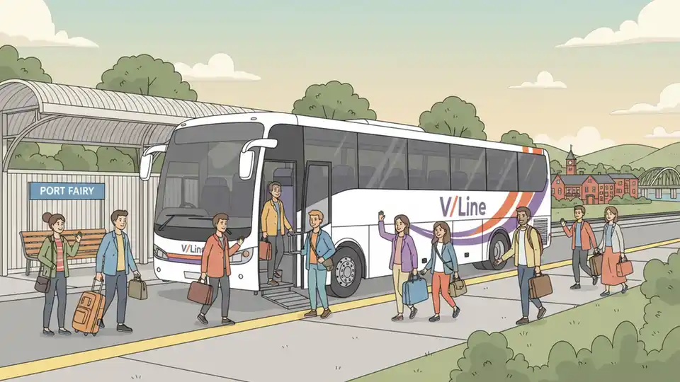 V/Line coach at regional station platform with passengers boarding