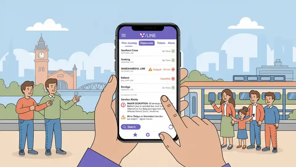 V/Line mobile app interface showing departure times and service alerts