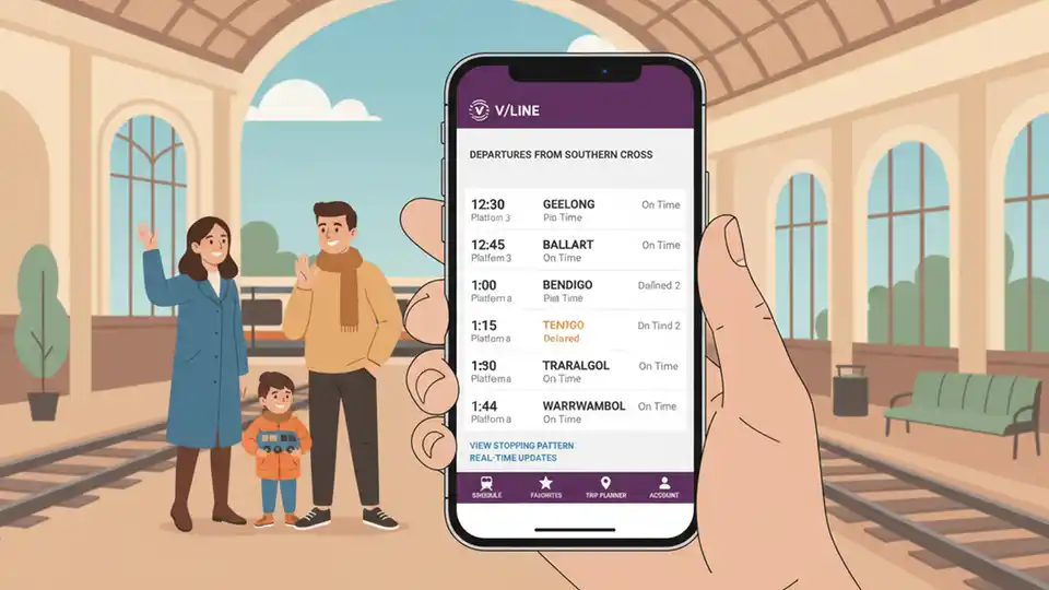 V/Line mobile app interface showing train schedule and platform information on smartphone screen