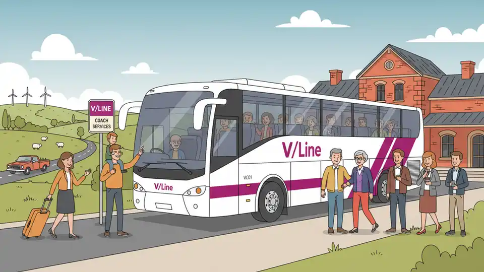 V/Line coach bus on regional route in Victoria