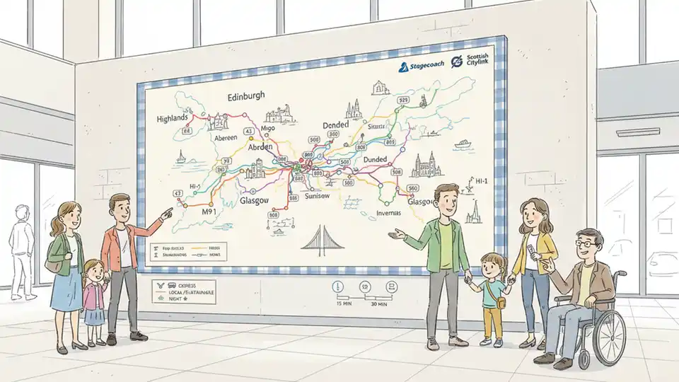 Scottish bus network map display showing regional transit routes and connections across Scotland's public transportation system