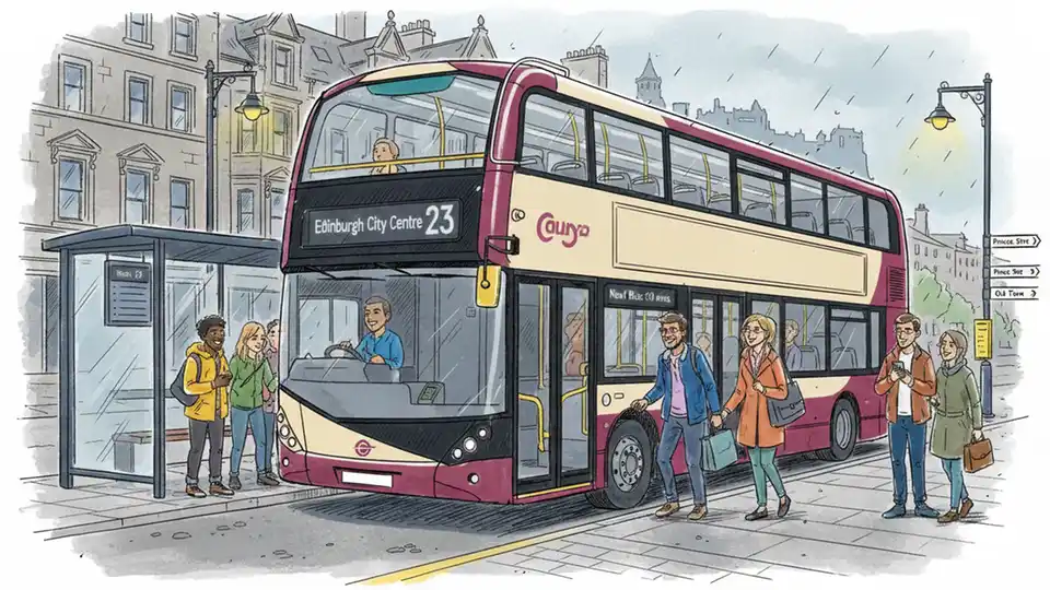 Modern Scottish bus at urban stop with passengers boarding, showing contemporary public transit vehicle in Scottish city setting