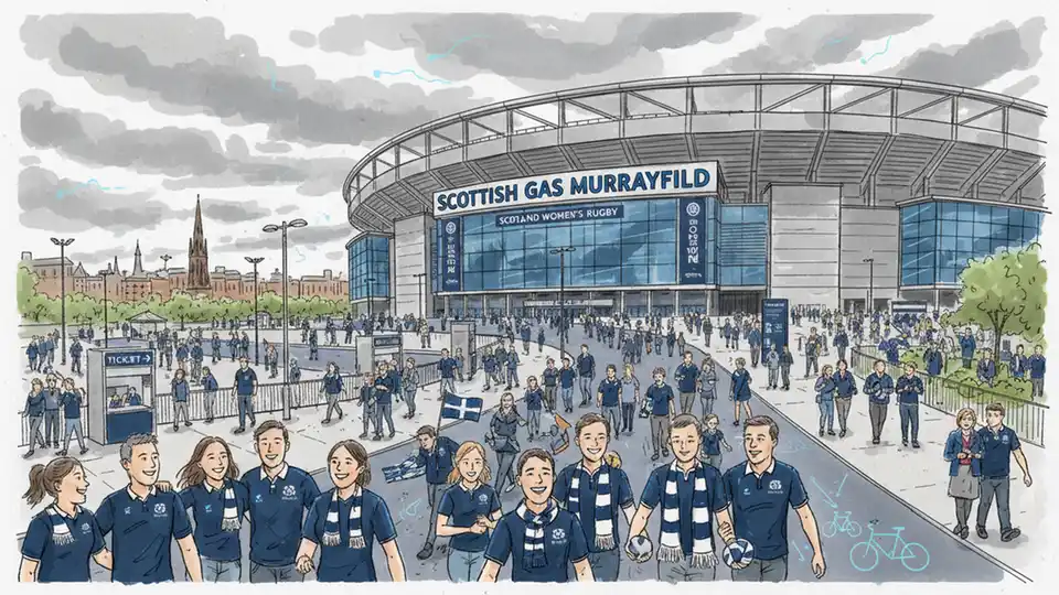 Scottish Gas Murrayfield stadium exterior with fans arriving for Scotland Women's rugby match