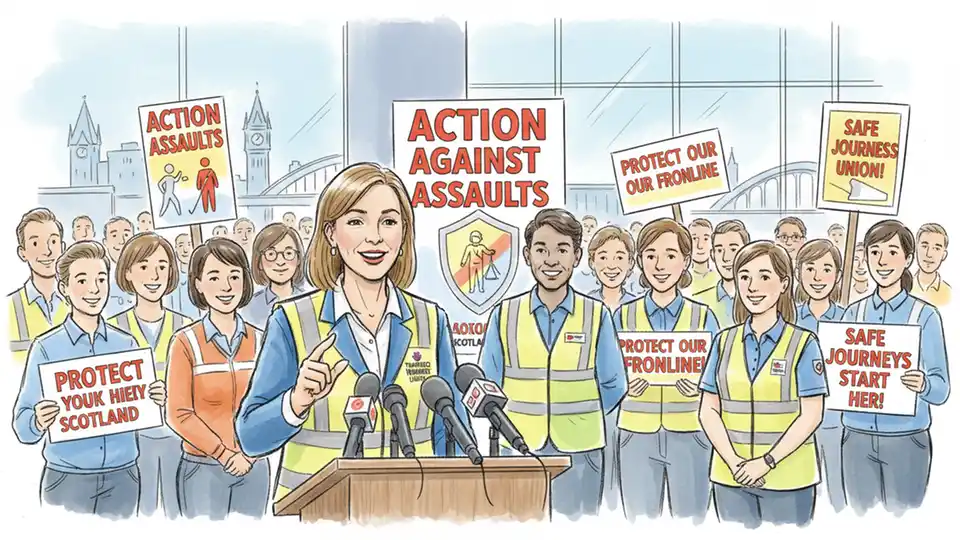 Transit union representative speaking at press conference with Action Against Assaults campaign materials visible