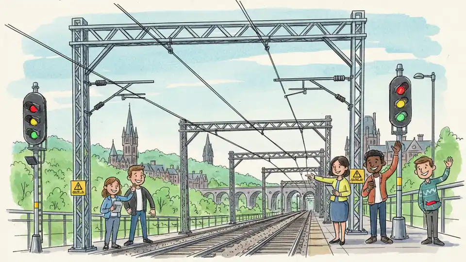 Railway overhead power lines and electric wires above train tracks in Scotland with signal equipment visible