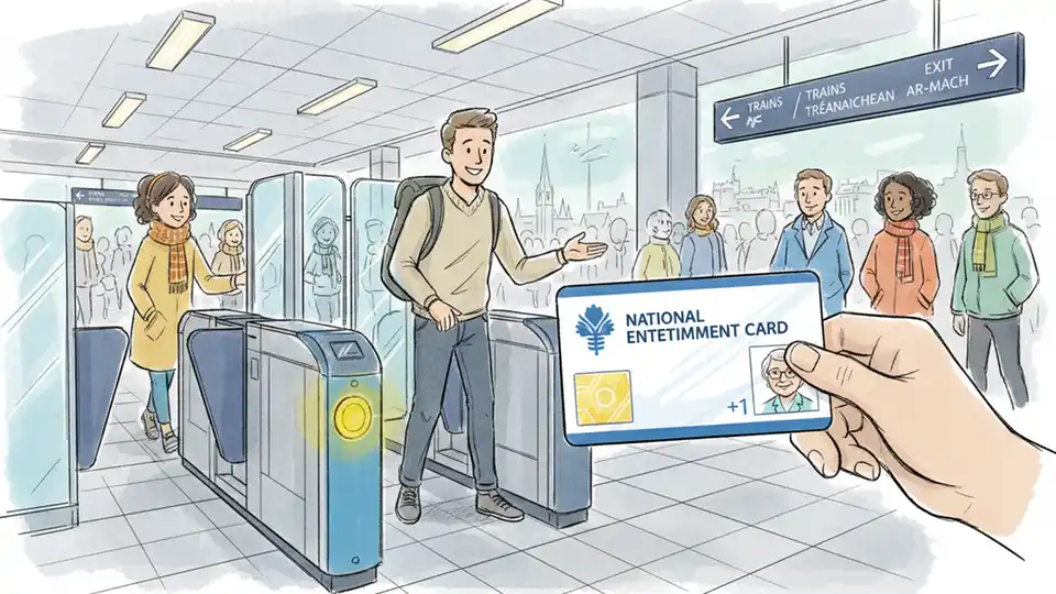 Close-up of Eye +1 National Entitlement Card being scanned at Scottish train station fare gate with companion standing nearby