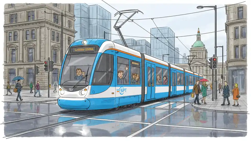 Modern tram-train vehicle on urban rail tracks in Glasgow