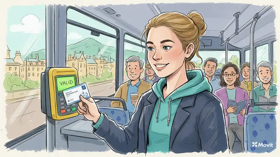 Young person tapping National Entitlement Card on bus reader in Scotland