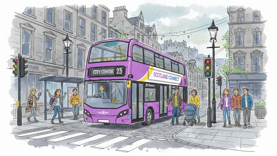 Public bus on Scottish city street with urban buildings in background