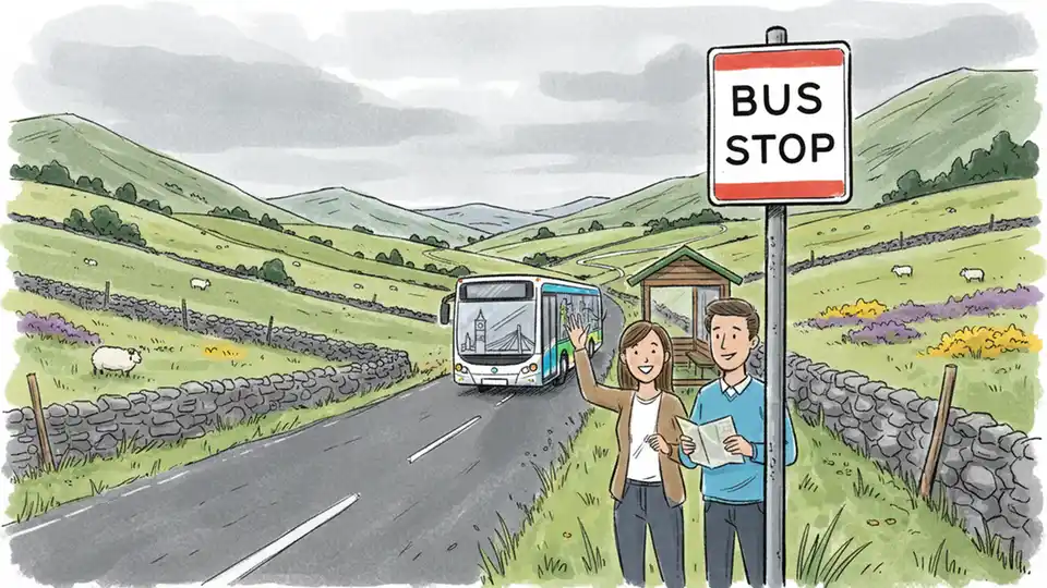 Rural bus stop sign along country road in Scottish Borders