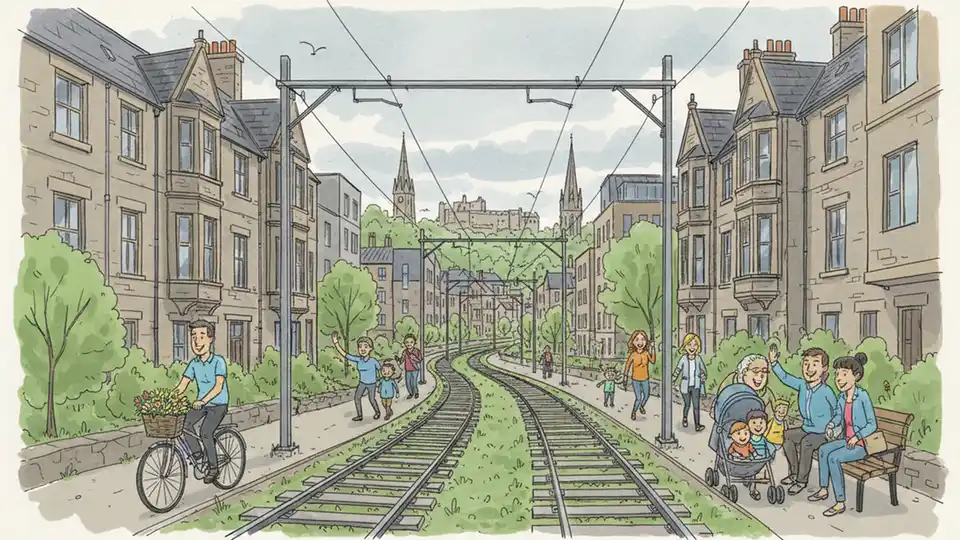 South Suburban railway line curving through Edinburgh's southern neighborhoods with residential areas visible