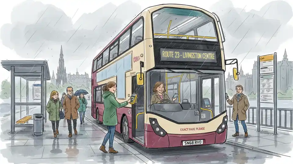 Bus passengers boarding public transit bus at station in Scotland with fare payment system visible