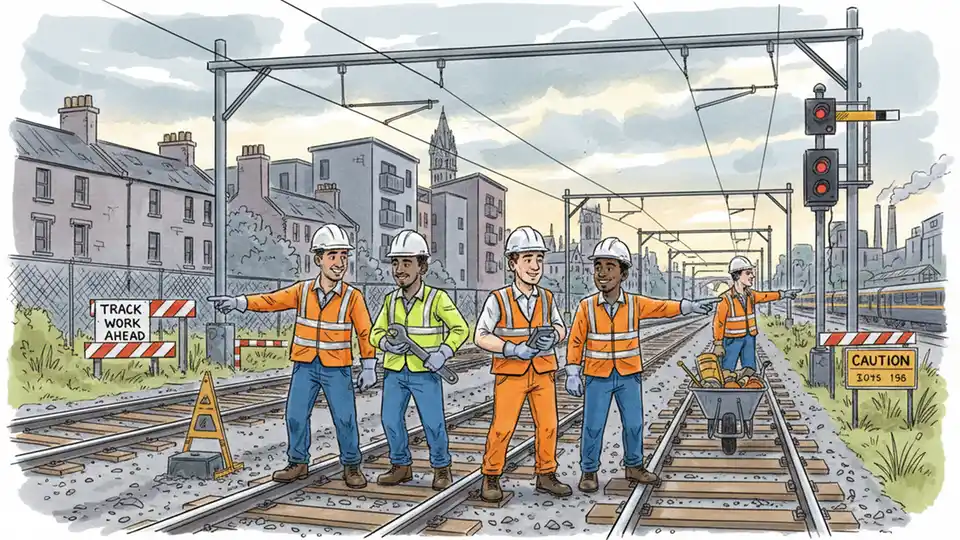 Railway maintenance engineers working on train tracks between stations in Glasgow suburban rail network