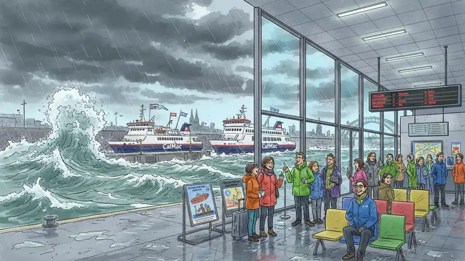 Ferry terminal in Scotland with rough seas and high winds visible, passengers waiting indoors viewing departure boards showing delays during Storm Dave