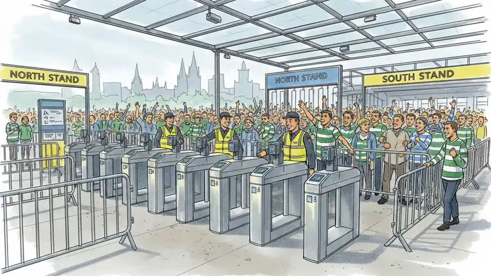 Stadium turnstile entrance with security personnel and crowd management barriers
