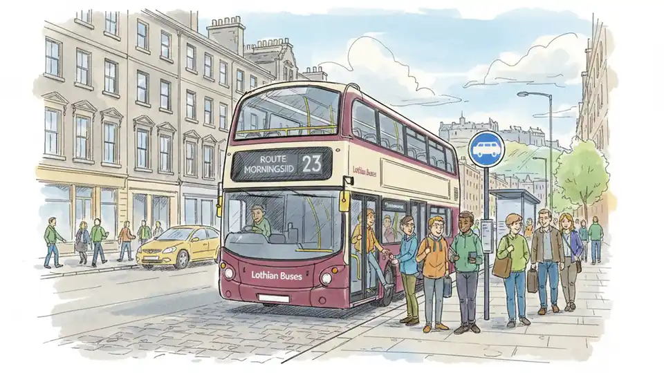 Edinburgh bus on city street with passengers boarding at busy stop during daytime