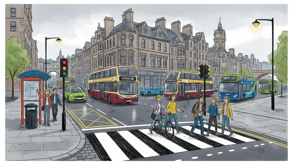 Scotland city street showing cars, buses and urban transit infrastructure