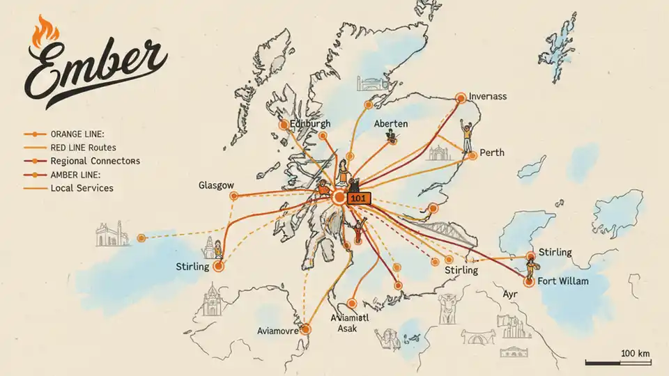 Map showing Ember bus network across Scotland with route lines