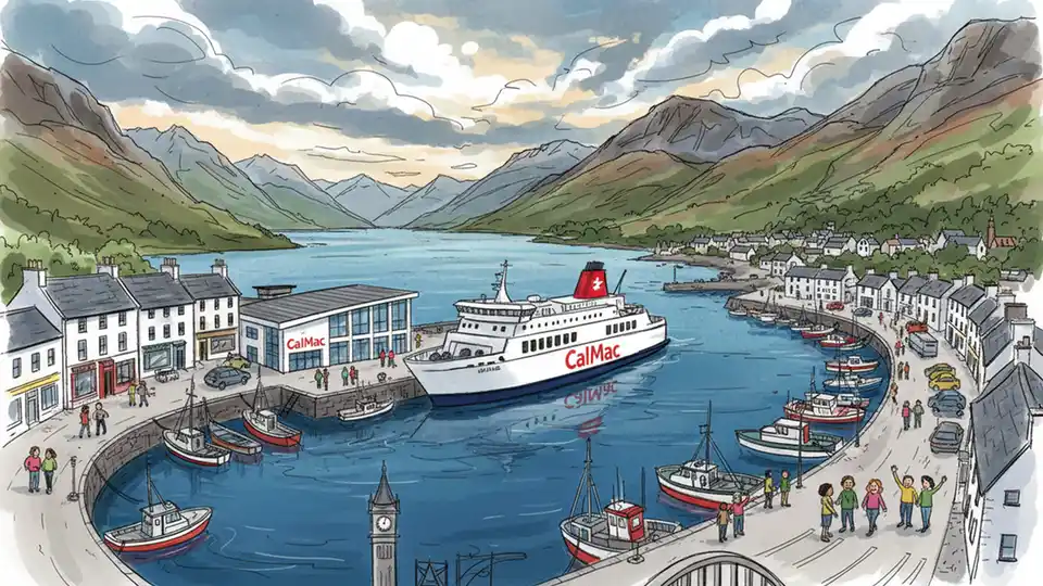 Ullapool harbor with ferry terminal and coastal scenery