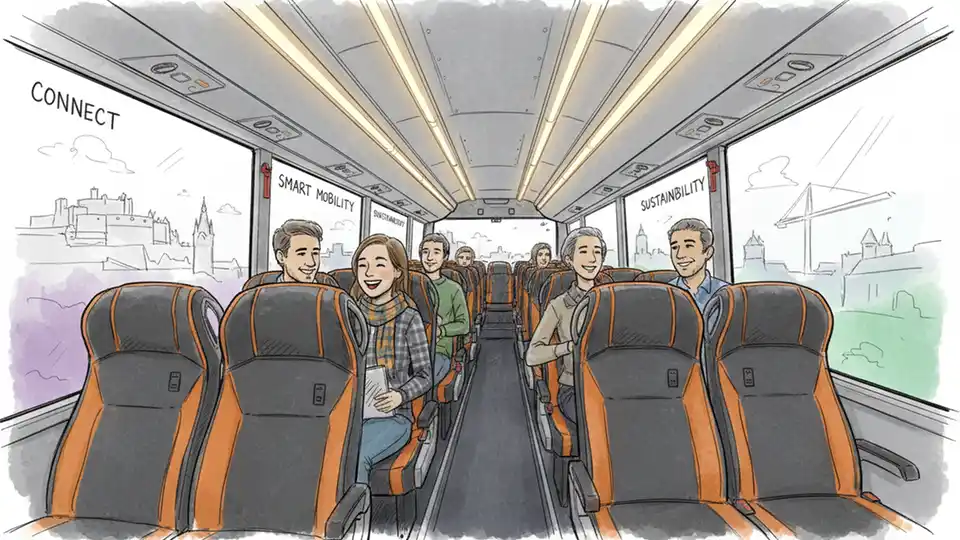 Ember bus interior showing passenger seating and charging ports