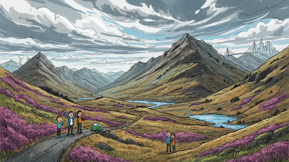 Scottish Highland landscape with mountains, heather-covered hills, and winding rural road under dramatic cloudy skies