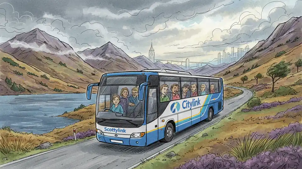 Bus traveling on scenic Highland road with authentic Scottish mountains and lochs in background, showing public transport in remote Scottish landscape