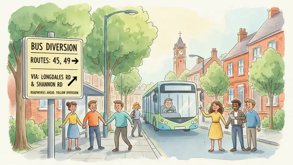 Bus route diversion sign at Kings Norton showing alternative route via Longdales Road and Shannon Road