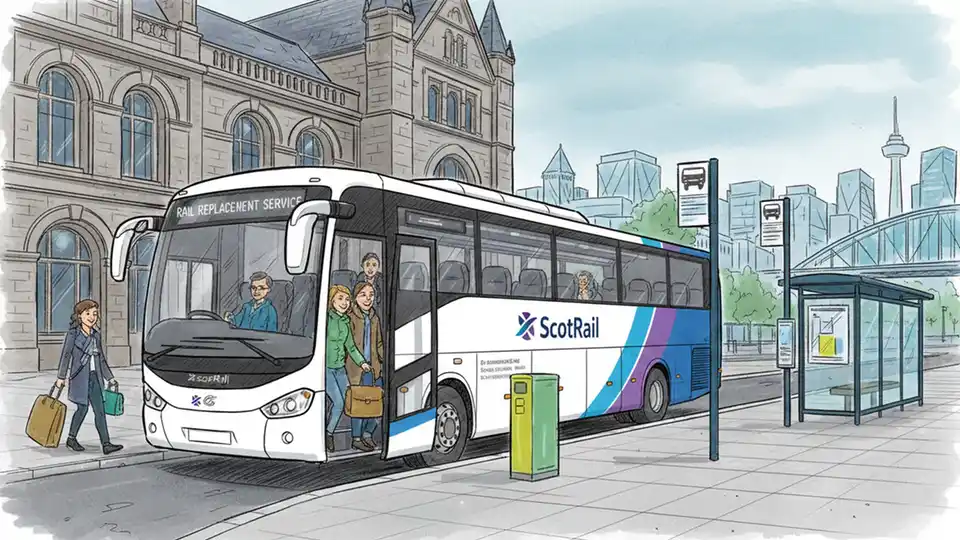 Rail replacement bus at Glasgow station stop with passengers boarding, ScotRail livery visible