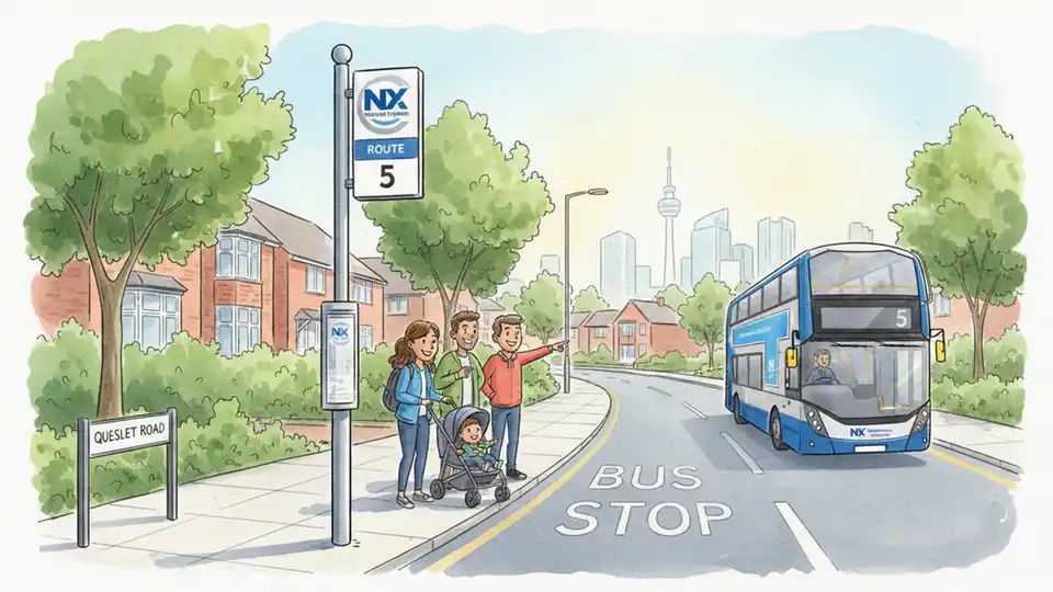 Bus stop sign for NX West Midlands Route 5 with Queslett Road street sign visible showing Great Barr location