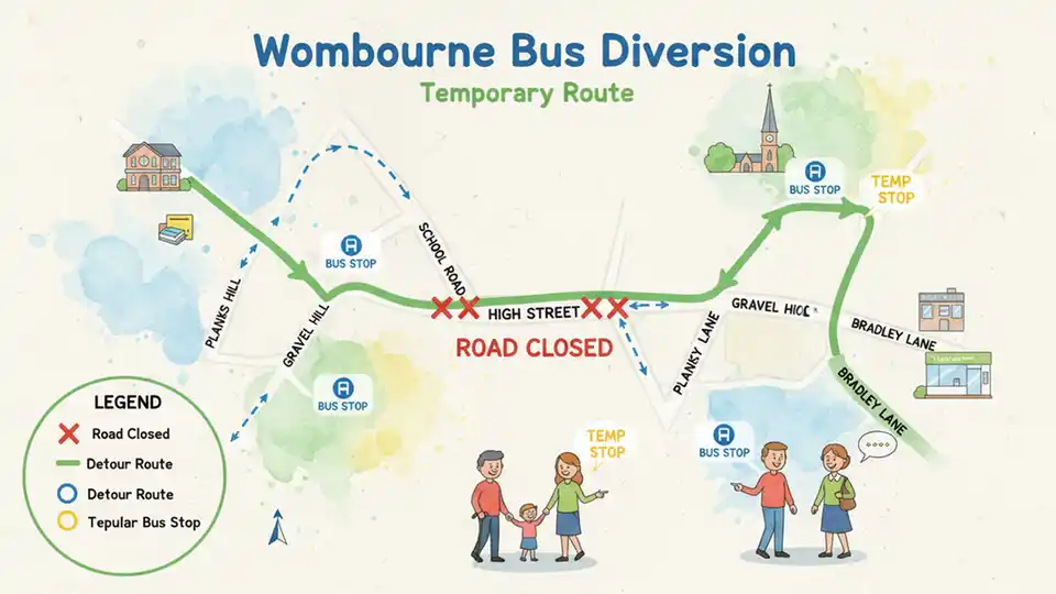 Bus route detour map showing alternative streets around closed section of High Street in Wombourne