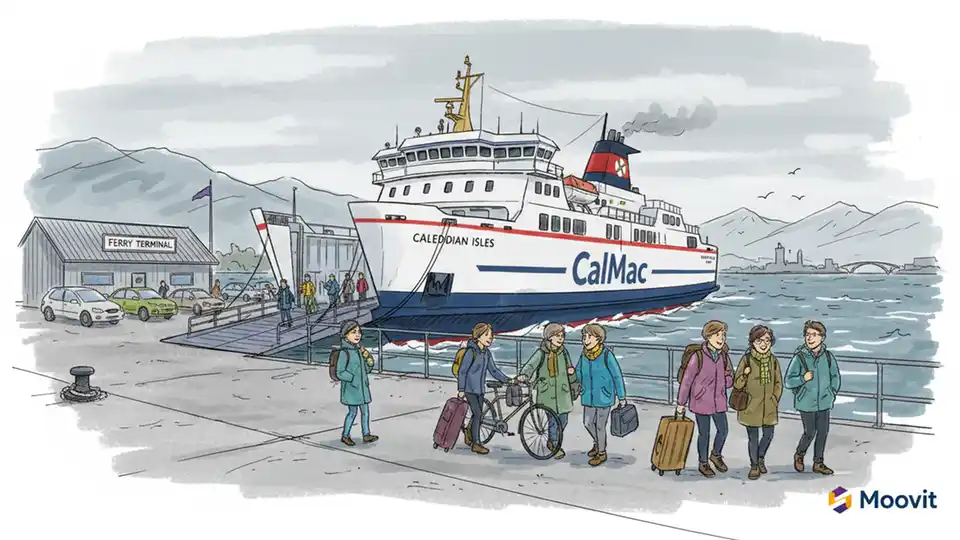 Scottish transit ferry docked at terminal with passengers boarding. Alt text: Scotland ferry terminal with transit passengers preparing to board vessel. Composition: Wide shot showing ferry, terminal building, and waiting passengers to illustrate multi-modal transit integration.