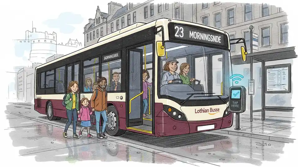 Scottish bus at urban stop with contactless payment reader visible near entrance. Alt text: Scotland transit bus showing contactless fare payment technology at city stop. Composition: Close-up angle emphasizing fare payment equipment and bus entrance to illustrate tap-on technology.