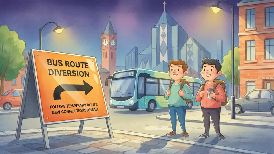 Bus route detour sign at night with directional arrows on urban street