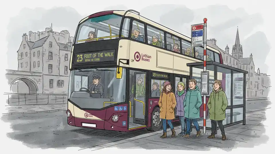 Public bus at stop in Scotland with passengers boarding during typical service day showing current transit operations