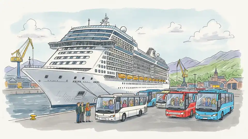 Cruise ship docked at Invergordon port with tour buses waiting nearby in Scottish Highlands