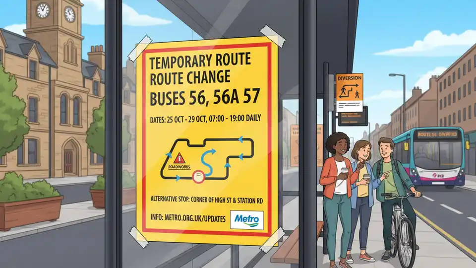 Bus route diversion signage at urban bus stop showing temporary route changes and passenger information displays