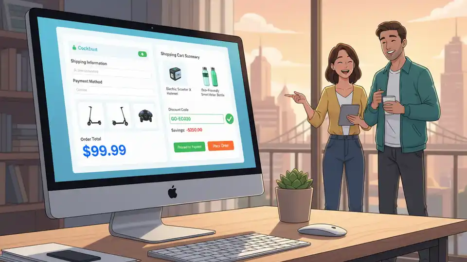 Desktop computer showing online shopping checkout page with discount code being applied automatically