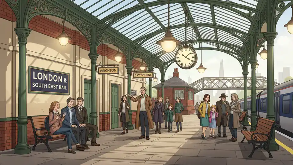 Historic British train station platform with Victorian architecture and waiting passengers