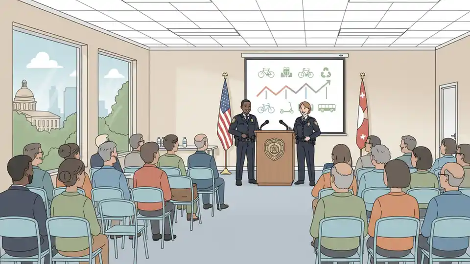 Community members seated in rows at police department town hall meeting with officers standing at front podium